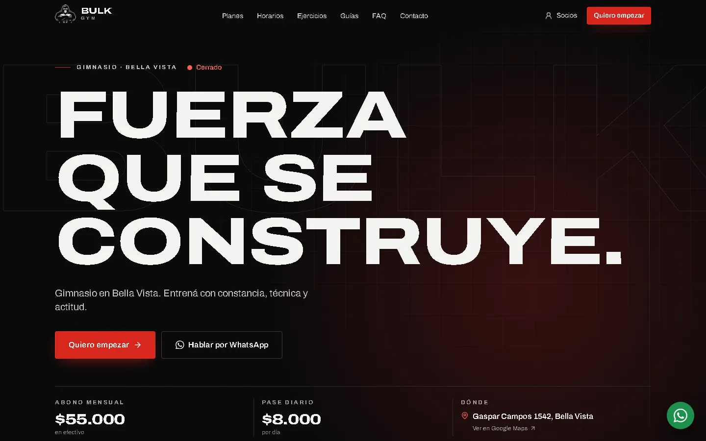 Inicio del sitio de Bulk Gym con el título “Fuerza que se construye”