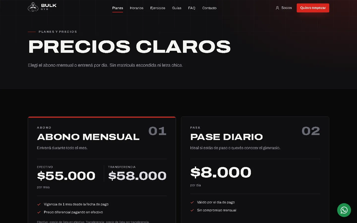 Página de planes y precios de Bulk Gym
