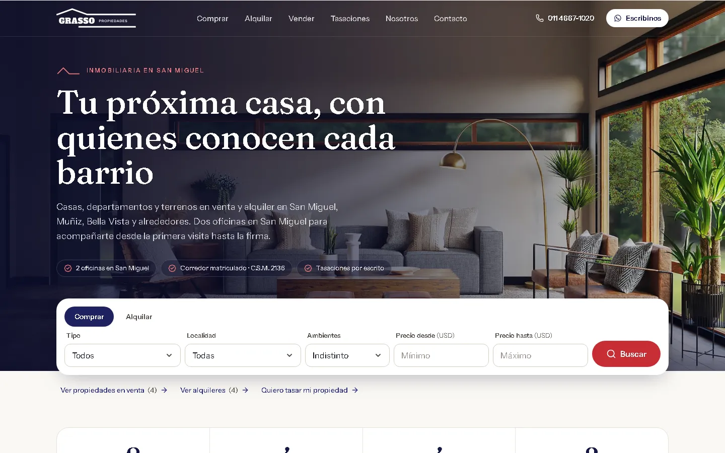 Inicio de Grasso Propiedades con buscador de propiedades