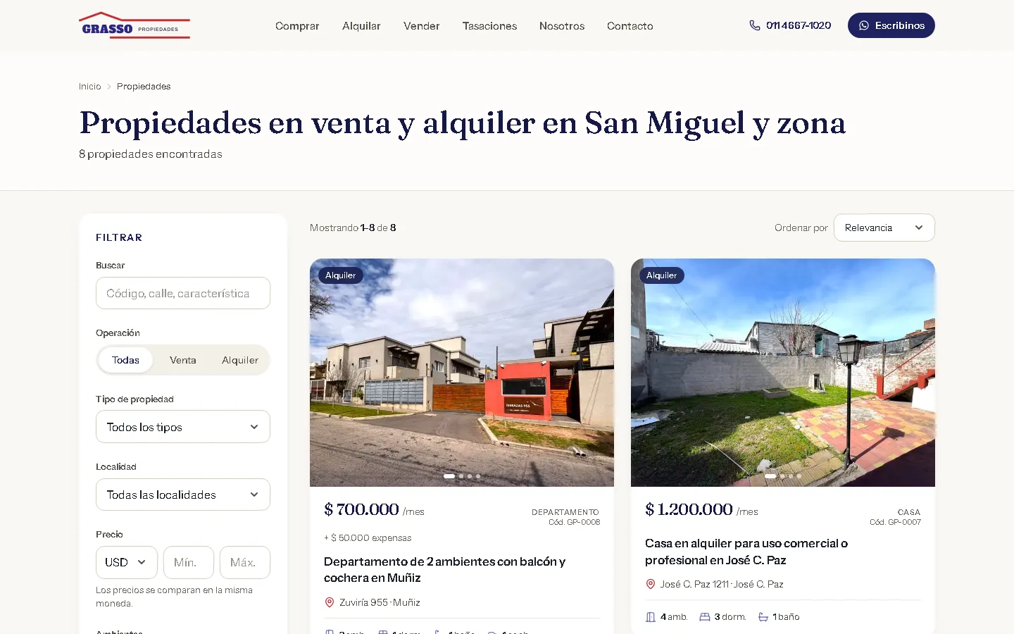 Listado de propiedades con panel de filtros
