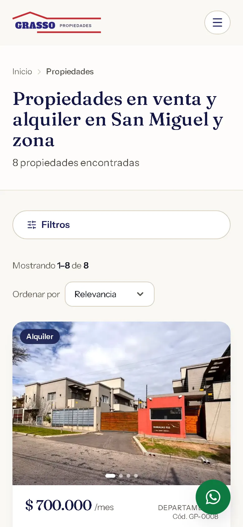 Listado de propiedades en un celular