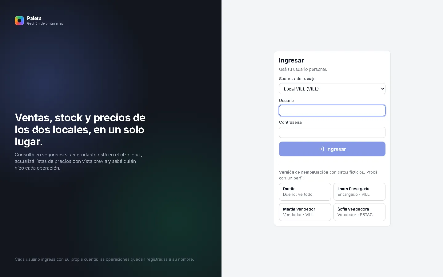 Ingreso a Paleta con elección de sucursal y perfiles de demostración