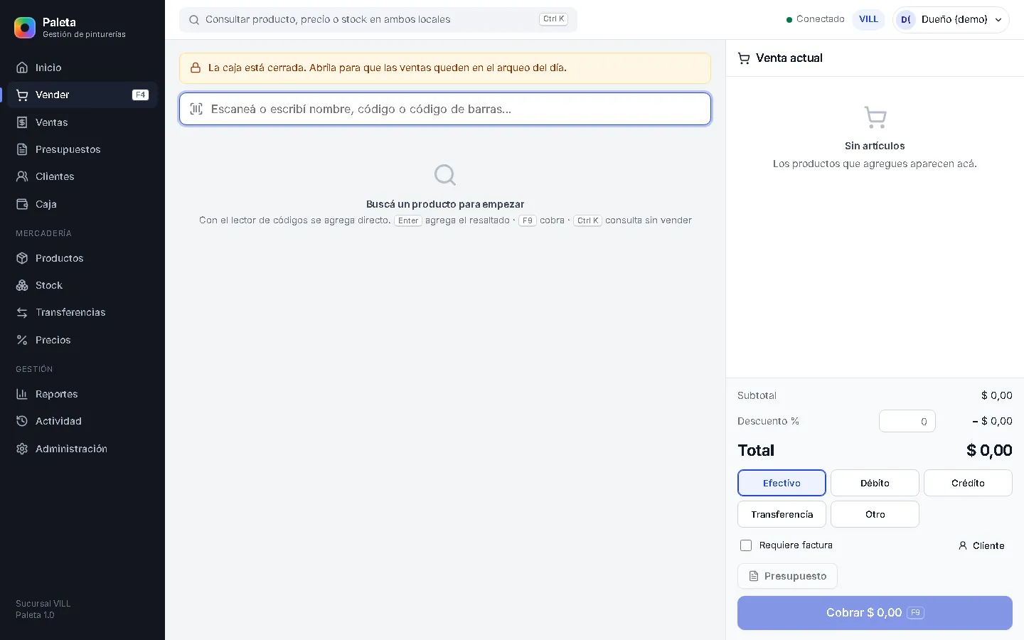 Punto de venta de Paleta con buscador de productos y panel de la venta actual