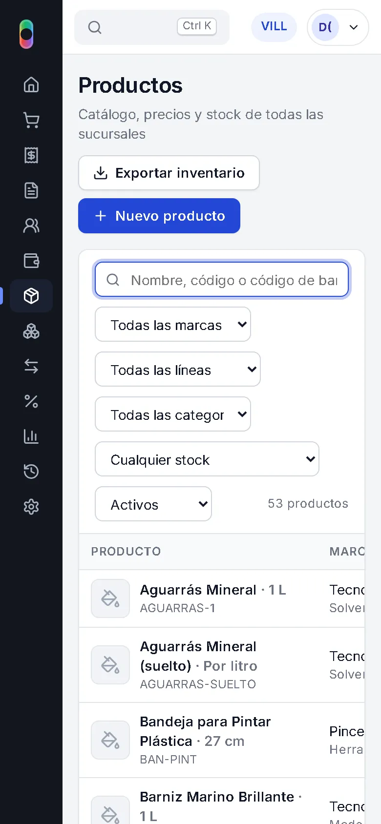 Listado de productos en el celular